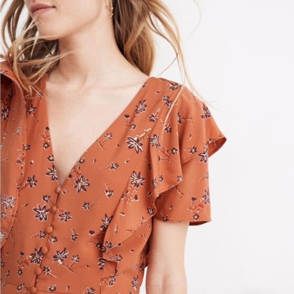 MADEWELL flutter sleeve button up Floral V-Neck Dress in Rust Orange Sz 10
